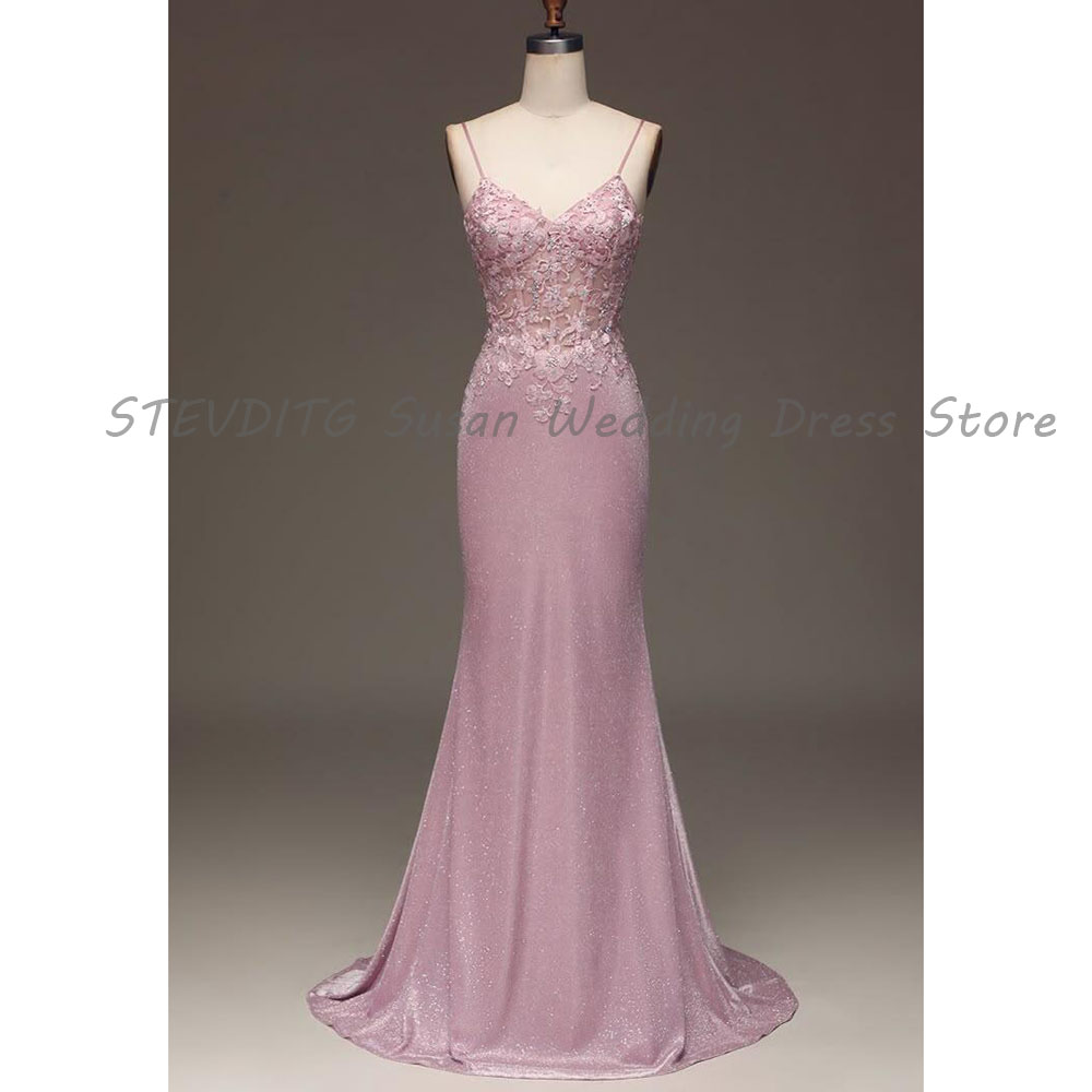 Formal Dress Female - فساتين سهرة وردية للنساء بحزام سباغيتي
